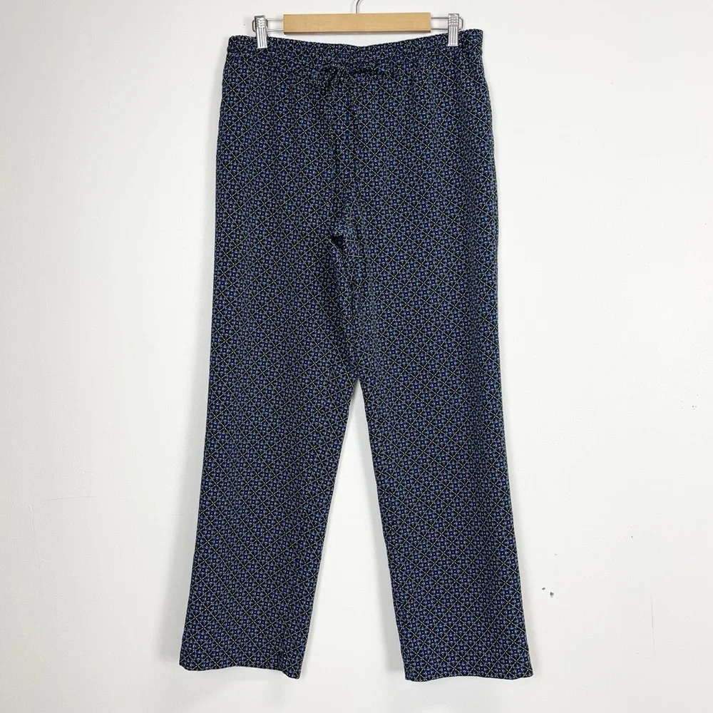 Talbots Pants Womens Size 10 Navy Blue Yellow Pattern Pant Pull On Drawstring
